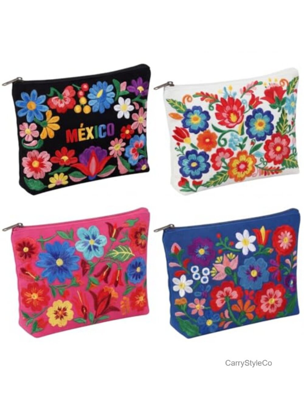 Mexican Embroidered Canvas Makeup Bag Set Folk Art Cosmetic Pouches Travel